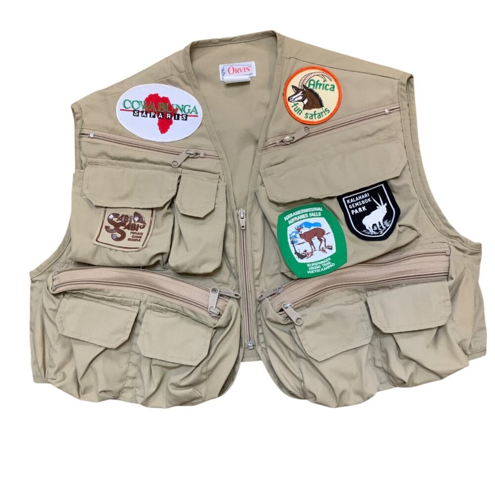 Vintage Orvis Tan Cotton Outdoor Safari‎ Vest W/ Patches & Multiple Pockets Sz M